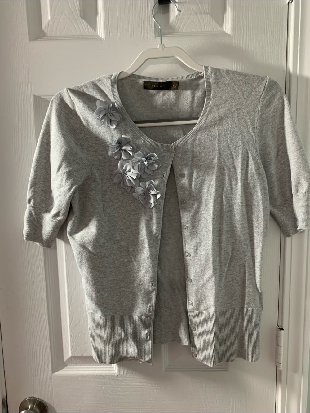 The Limited Light Gray Floral Appliqué Short Sleeve Cardigan
